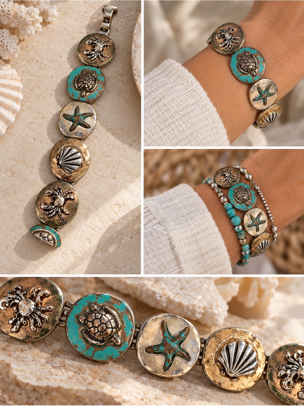 Boutique Turquoise Sea Life Statement Bracelet Turtle Starfish Shell